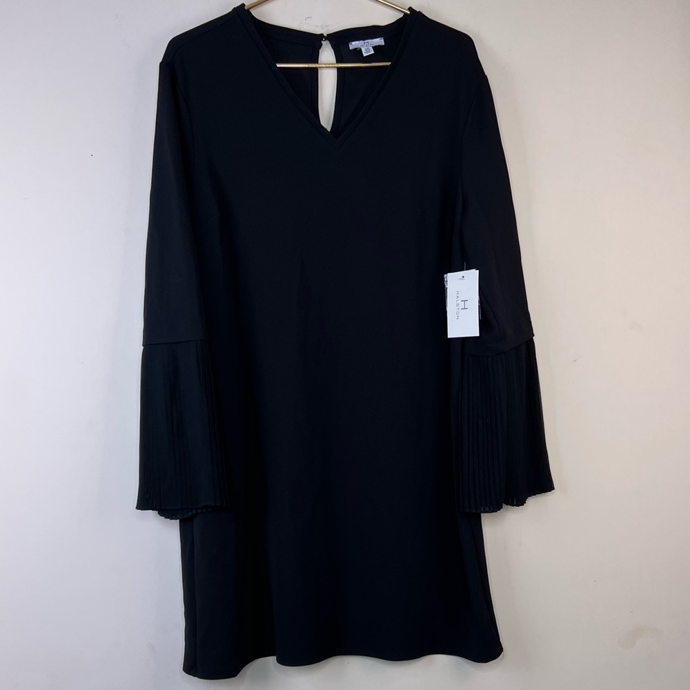 H by Halston Ponte Pleated Sleeve V Neck Black Dress NWT, Large - Picture 2 of 8